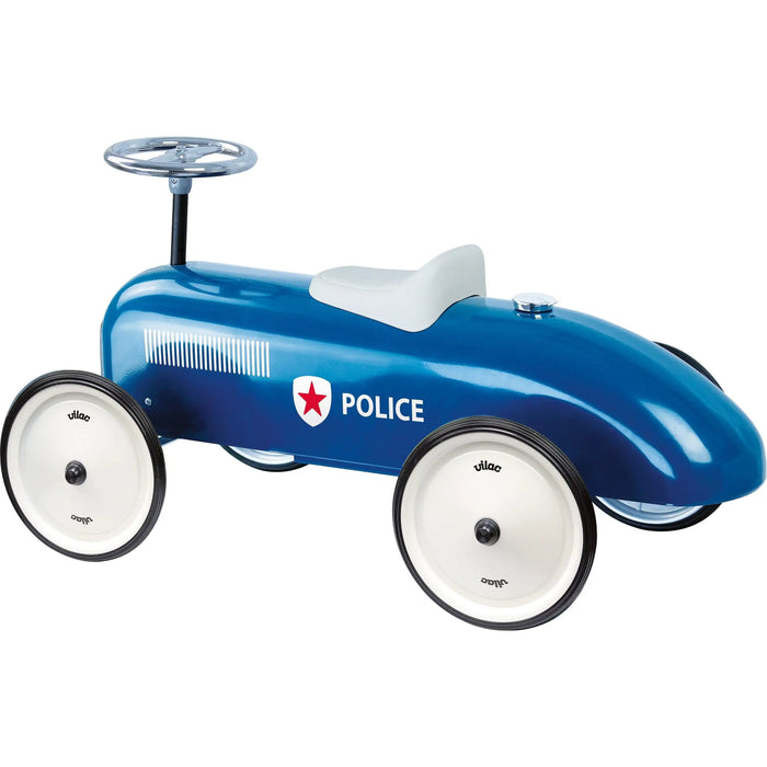 Blue retro police ride-on car toy for toddlers with white seat and four wheels