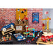 Retro police ride-on car and classic metal toddler toys in colorful playroom with brick wall décor