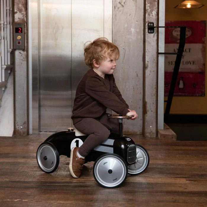 Retro Racing Ride-On Car – Black | Metal Classic Racer - Toddler Foot-to-Floor Toy VILAC - Little and Giant Explorers Vilac