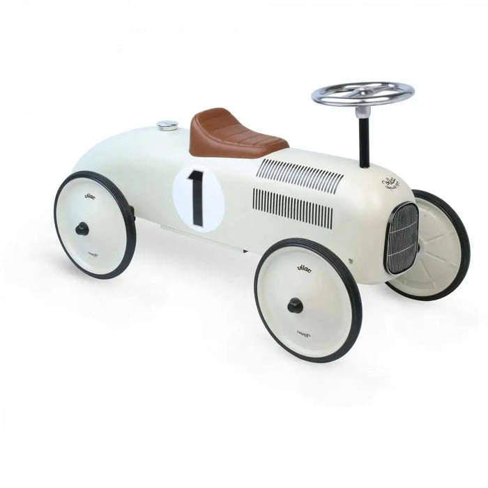 Retro Racing Ride-On Car – Off-White | Metal Classic Racer - Toddler Foot-to-Floor Toy VILAC - Little and Giant Explorers Vilac
