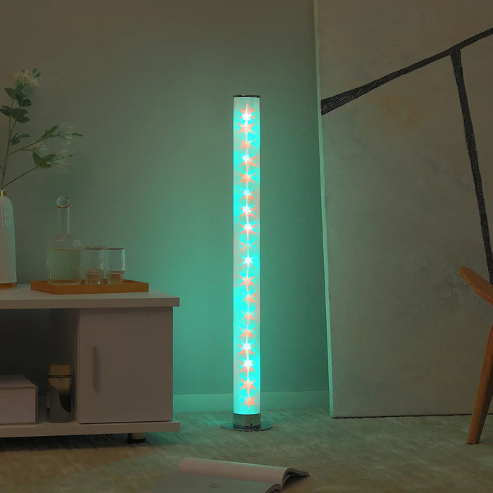 16 colour LED RGB floor lamp with retro clear tube design glowing in a modern living room