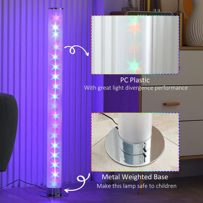 RGB LED standing floor lamp with clear tube, chrome base, 16 color mood lighting indoors