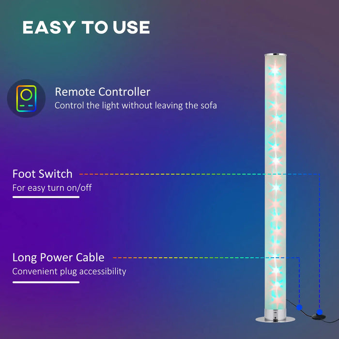 RGB LED standing floor lamp with remote, foot switch and long power cable on gradient background