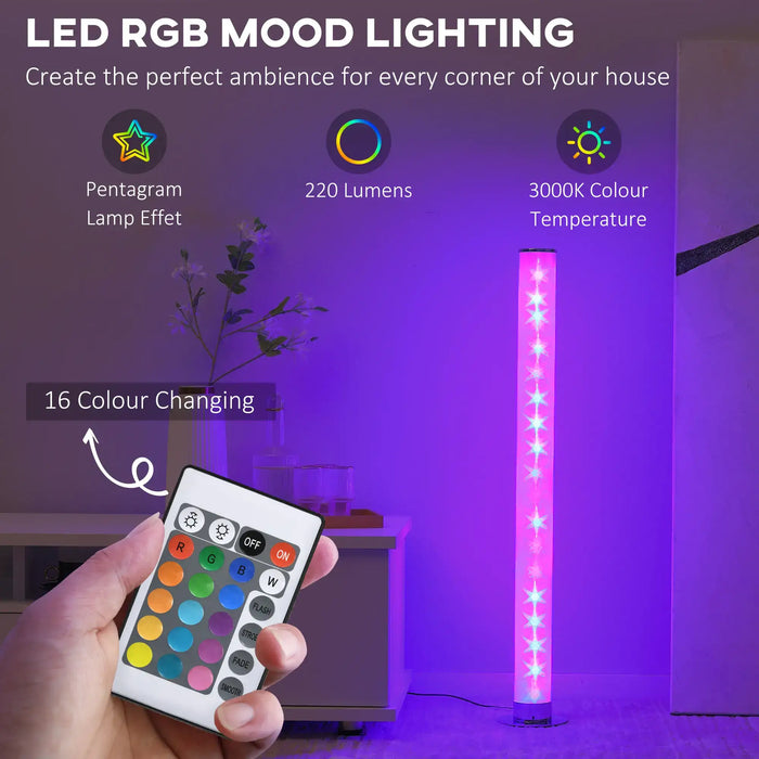 RGB LED floor lamp with 16 color options, remote control, standing in modern room