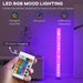 RGB LED floor lamp with 16 color options, remote control, standing in modern room