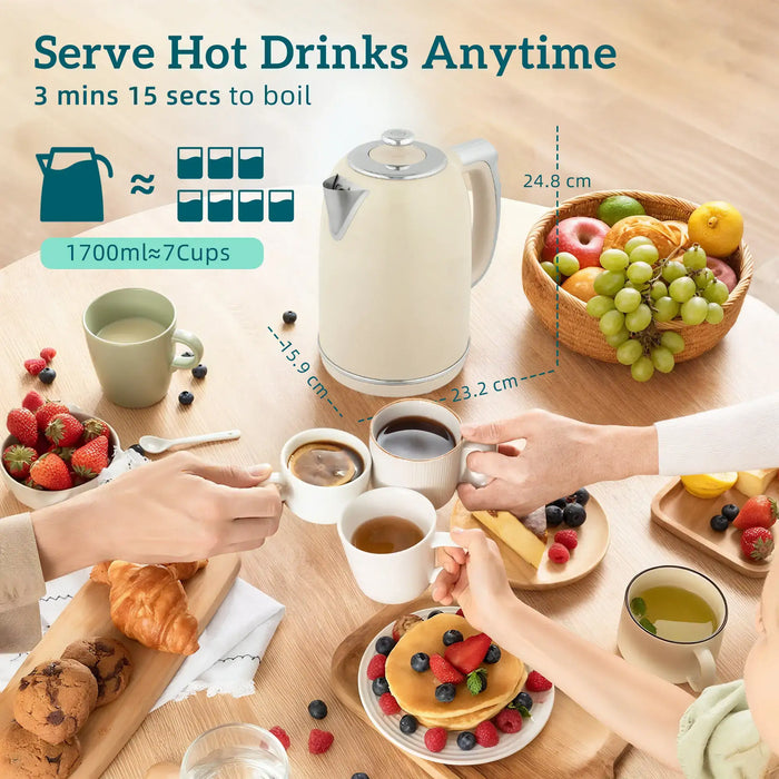 Electric kettle on a table with hot drinks and fruits, emphasizing ease of use and capacity.