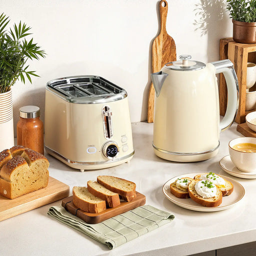 Kitchen scene with a toaster, kettle, and breakfast items on a countertop.