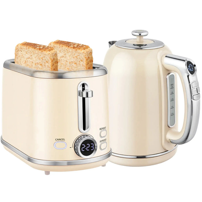 Cream-colored toaster with two slices of toast and a matching kettle on a white background