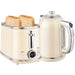 Cream-colored toaster with two slices of toast and a matching kettle on a white background