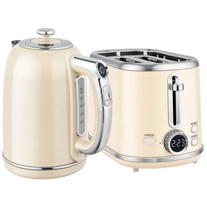 Cream-colored kettle and toaster set on a white background