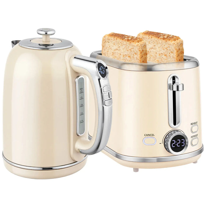 Cream-colored kettle and toaster with bread on a white background