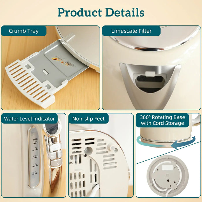 Product details of a kitchen appliance with crumb tray, limescale filter, water level indicator, non-slip feet, and 360-degree rotating base.