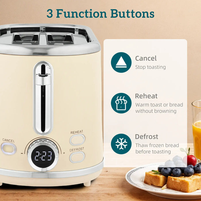 Beige toaster with three function buttons on a wooden surface with a plate of toast and fruit.