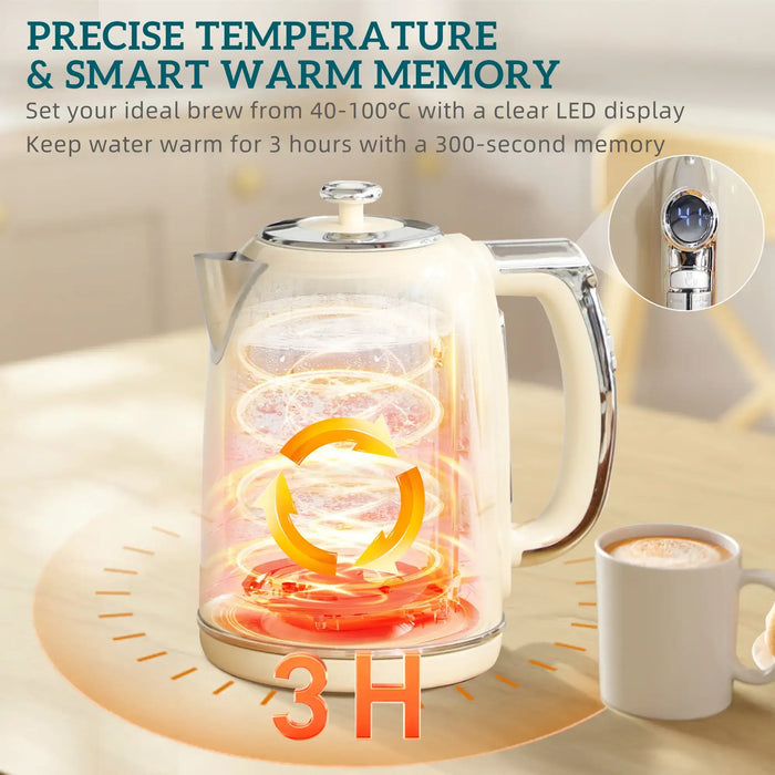Electric kettle with clear LED display and water heating indicator, next to a cup of coffee.