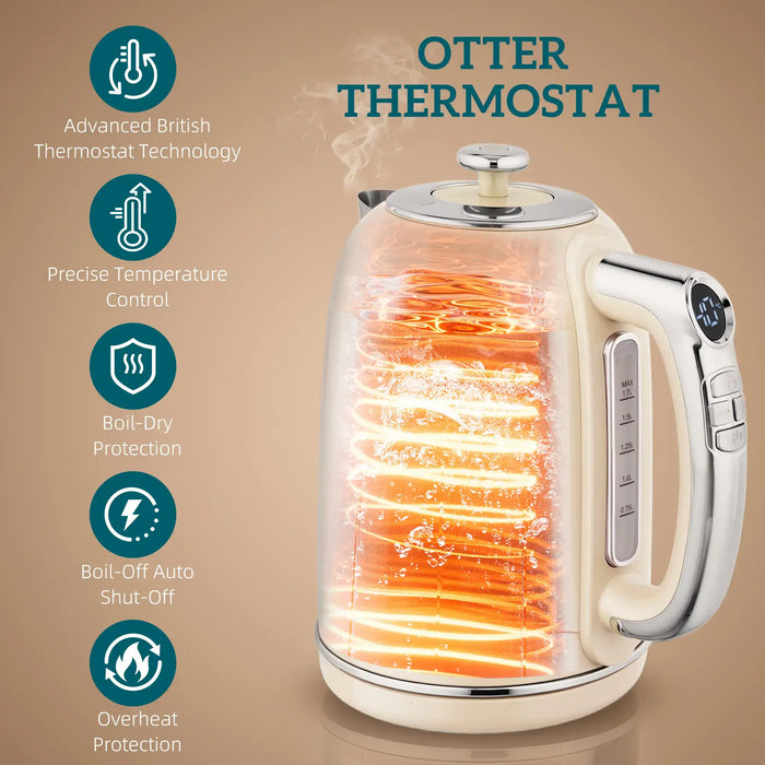 Electric kettle with glowing interior on a beige background, featuring the brand 'Otter Thermostat'.