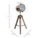 Vintage-style floor lamp with wooden tripod base and metal lampshade, showing dimensions on a white background.