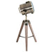Vintage-style floor lamp with metallic shade and wooden tripod base on a white background