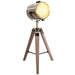 Vintage-style floor lamp with wooden tripod base and metallic shade on a white background