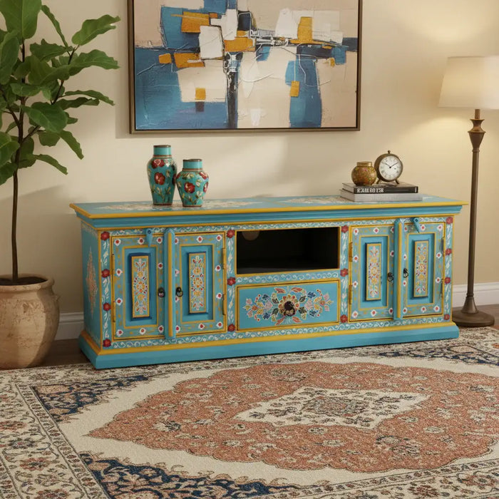 Retro Wooden TV Cabinet – Blue | Solid Mango Wood Media Unit with Hand-Painted Finish VIDAXL