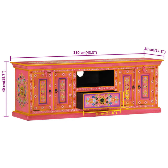 Retro wooden TV cabinet with hand-painted floral designs, pink and mango wood media unit