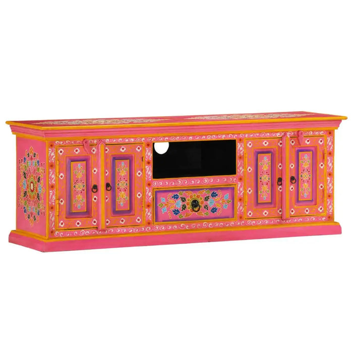 Retro wooden TV cabinet in bright pink with hand-painted floral designs, storage doors, and mango wood frame