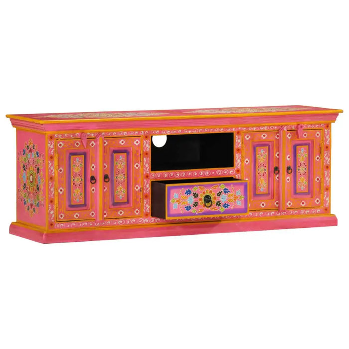 Pink and orange hand-painted wooden TV cabinet with floral patterns and storage compartments