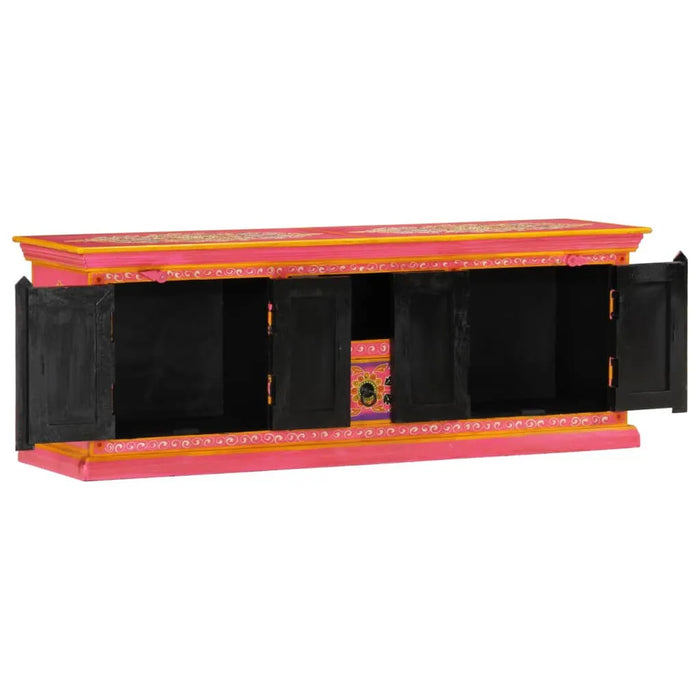 Retro wooden TV cabinet with hand-painted pink and orange finish, black doors open, decorative floral design