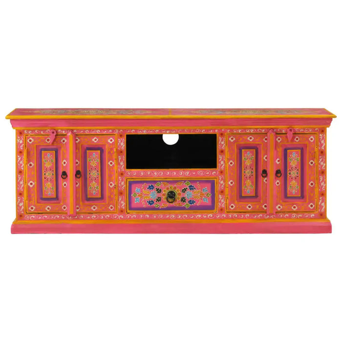 Retro wooden TV cabinet in solid mango wood with hand-painted pink floral finish