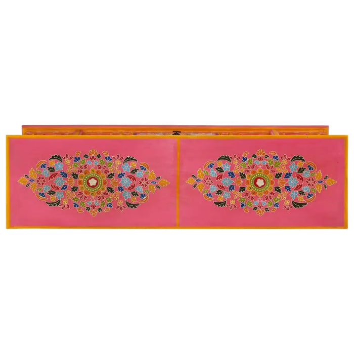 Pink wooden TV cabinet with colorful hand-painted floral design and solid mango wood frame