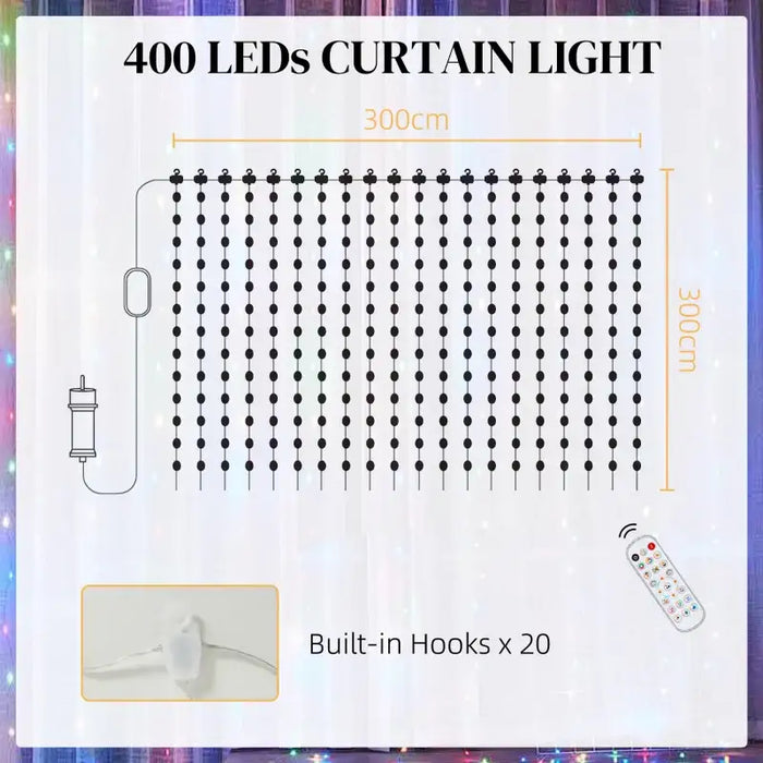 RGB Curtain Fairy Lights | 3x3m App-Controlled Hanging Lights with 400 LEDs HOMCOM - Little and Giant Explorers HOMCOM