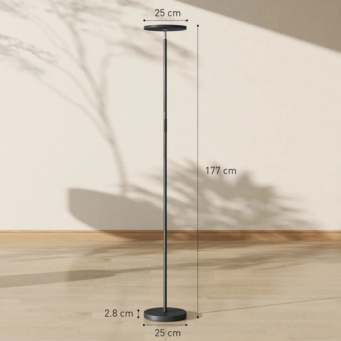 Black floor lamp with dimensions indicated on a neutral background