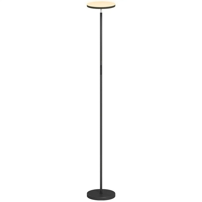 Black floor lamp with a round, light-colored top on a white background