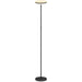 Black floor lamp with a round, light-colored top on a white background