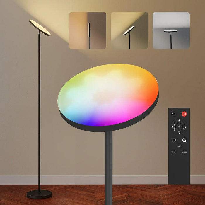 Colorful floor lamp with remote control on a wooden floor against a beige wall.