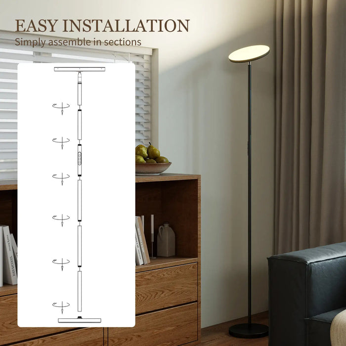 Floor lamp with assembly diagram in a living room setting