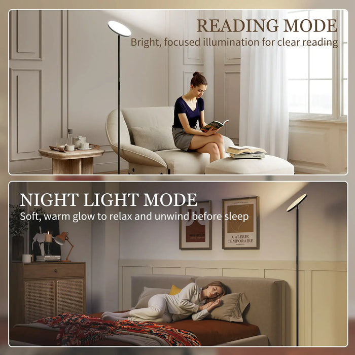 Woman reading a book in a cozy living room with a floor lamp, transitioning to a bedroom scene with a night light.