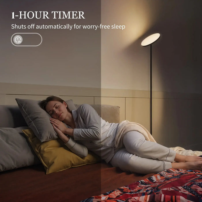 Woman lying on a bed with a lamp casting a warm glow, promoting a 1-hour timer for worry-free sleep.
