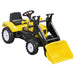 Yellow ride-on excavator toy with metal frame, steering wheel, and anti-slip wheels