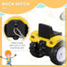 Yellow ride-on toy tractor with back hitch, anti-slip wheels and rope attachment demo