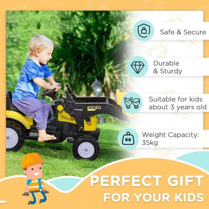 Child riding yellow ride-on excavator toy with metal frame and steering wheel outdoors