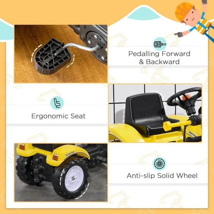 Yellow ride-on excavator for kids with pedal, ergonomic seat, and anti-slip wheels