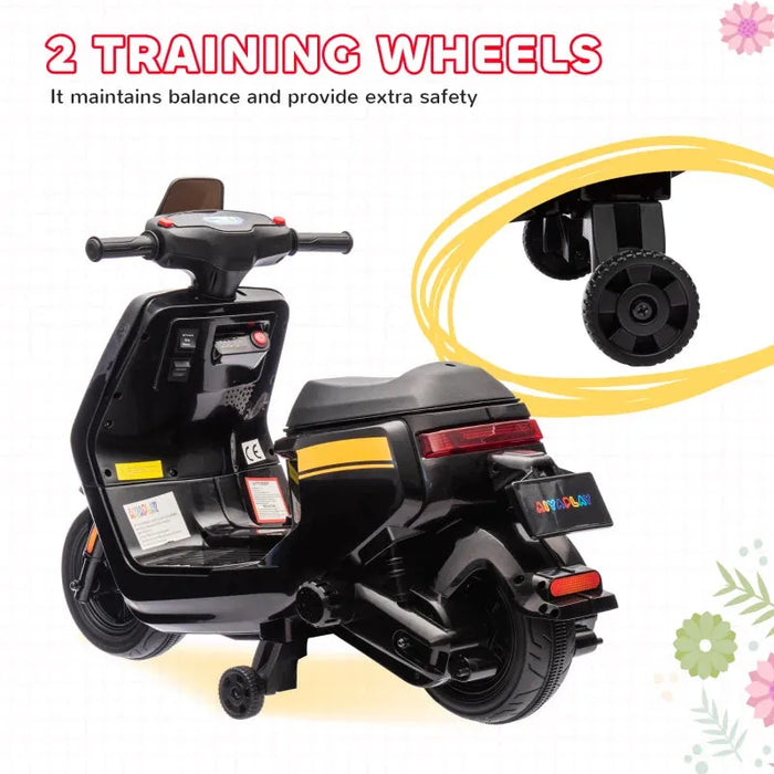 Ride On Kids Motorbike with Headlight, Music and Training Wheels in Black 6V - Little and Giant Explorers AIYAPLAY