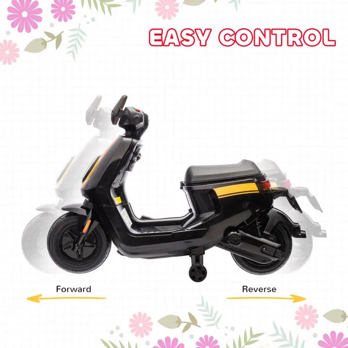 Ride On Kids Motorbike with Headlight, Music and Training Wheels in Black 6V - Little and Giant Explorers AIYAPLAY