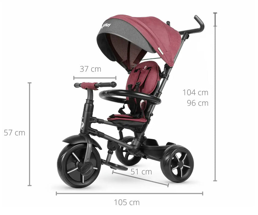 Red and black children's tricycle with dimensions indicated on a white background