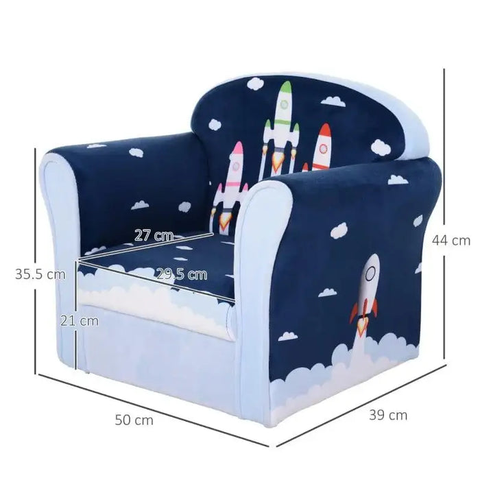 Multicolour kids armchair with rocket design, cloud pattern, and visible size dimensions.