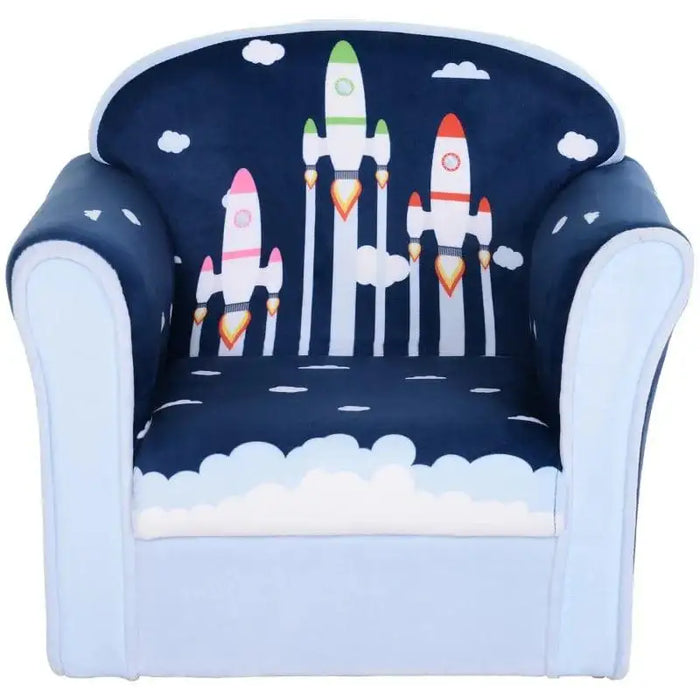 Kids armchair with colorful rocket design, blue and white cloud pattern, toddler chair.