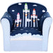 Kids armchair with colorful rocket design, blue and white cloud pattern, toddler chair.