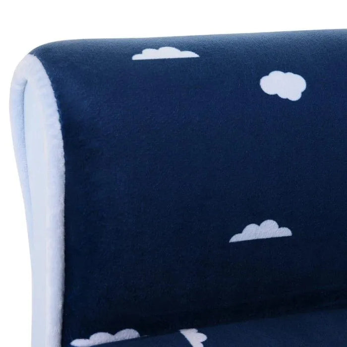 Close-up of navy blue kids armchair with white cloud print on backrest