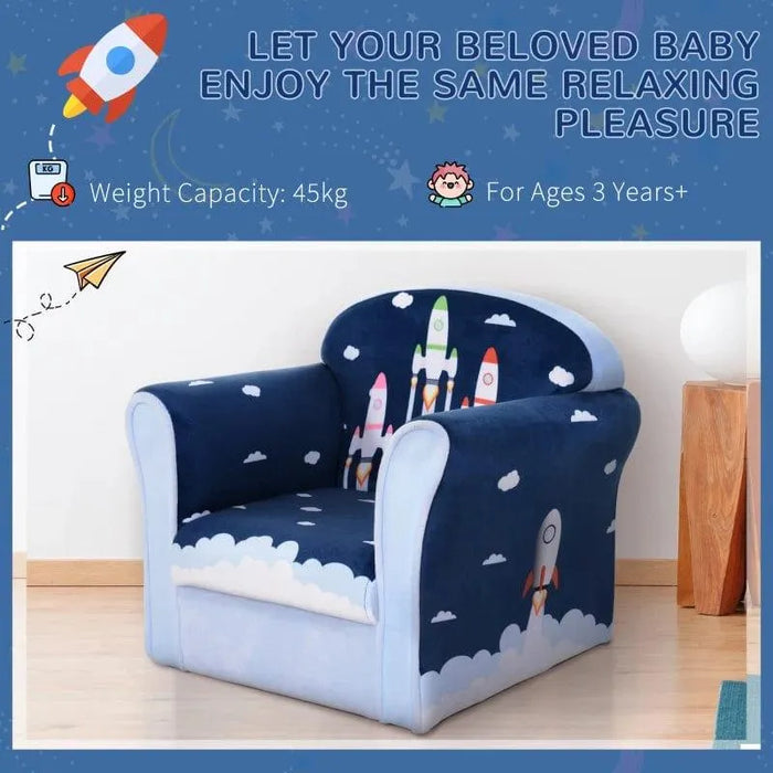 Kids armchair with multicolour rocket design, blue clouds, perfect for toddlers aged 3 and up.