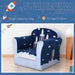 Kids armchair with multicolour rocket design, blue clouds, perfect for toddlers aged 3 and up.